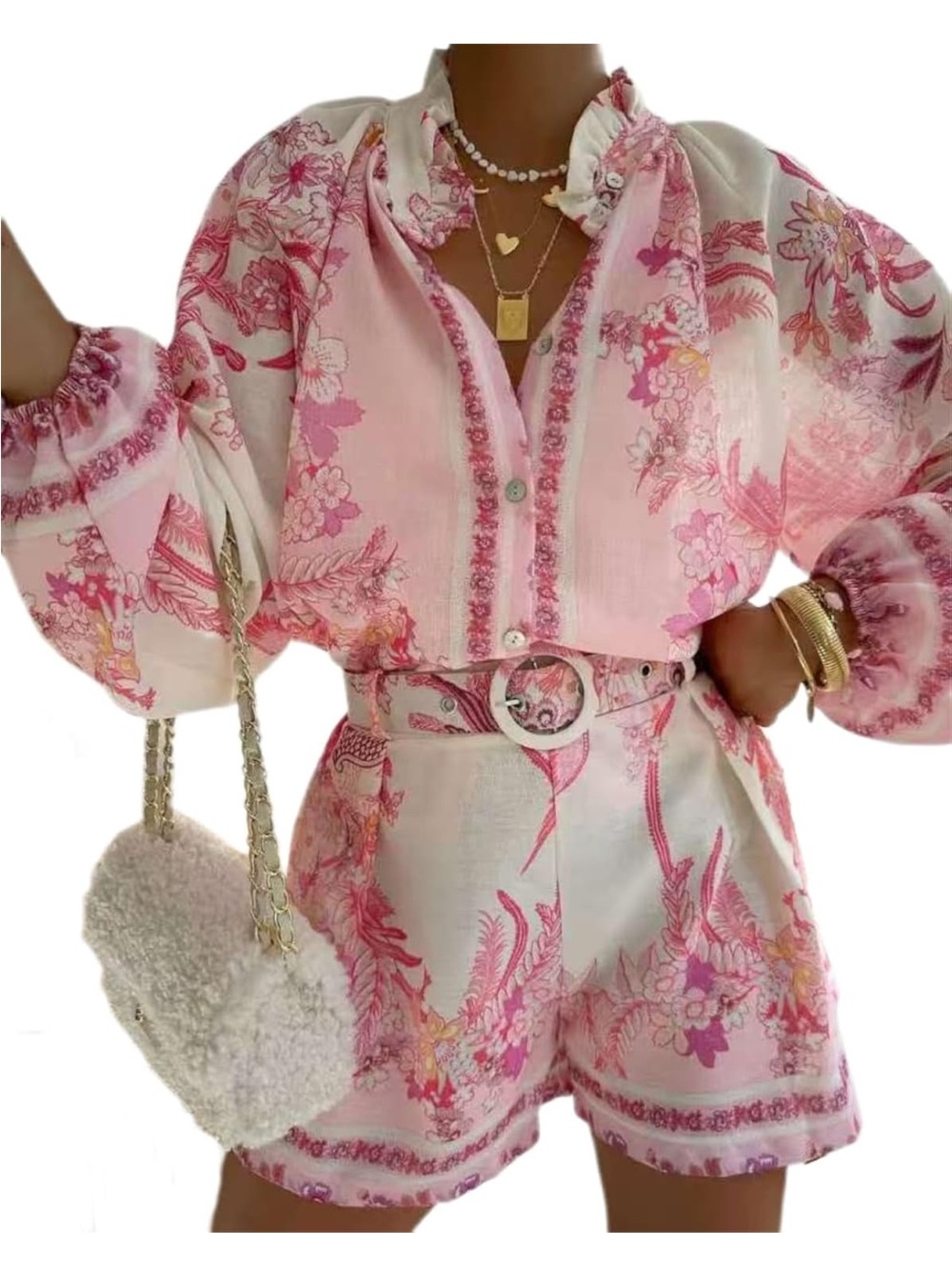 Amazon Pink Floral Two-Piece Blouse and Shorts Set